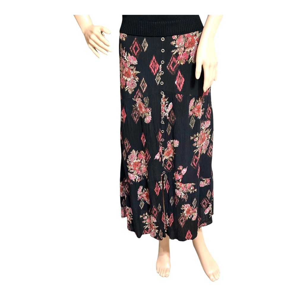 Coldwater Creek Maxi Skirt L Black Floral Cottagecore Dark Romantic Pull-On